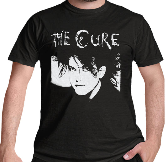official black The Cure T Shirt with Robert Smith white graphic image print on front 