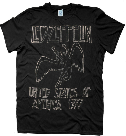 Black official Led Zeppelin t-shirt with Led Zeppelin USA 1977 Icarus graphic and text on the front