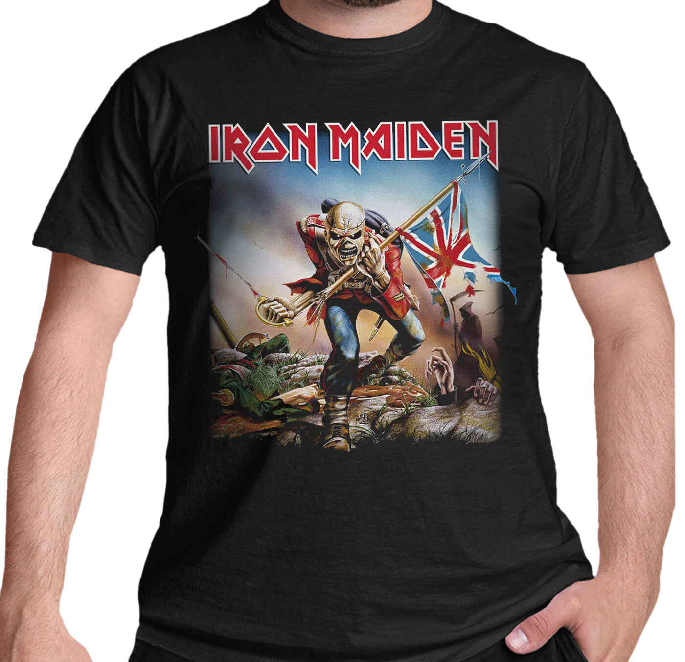 Black Official Iron Maiden graphic design T Shirt featuring The Trooper design Eddie holding a Union Jack flag.