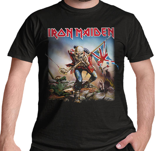 Black Official Iron Maiden graphic design T Shirt featuring The Trooper design Eddie holding a Union Jack flag.