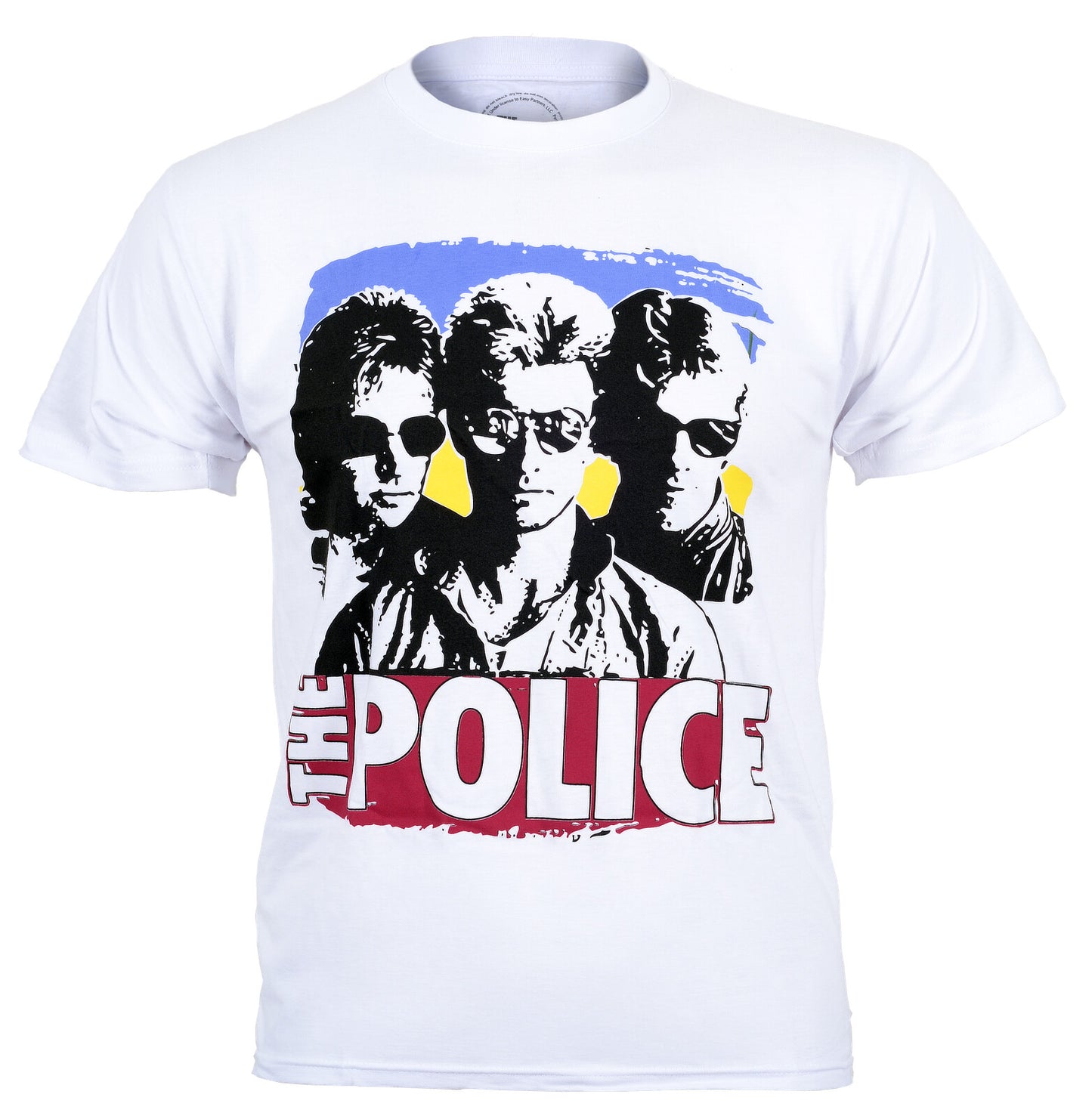 Official The Police White cotton t-shirt with band members wearing sunglasses graphic  and band logo 