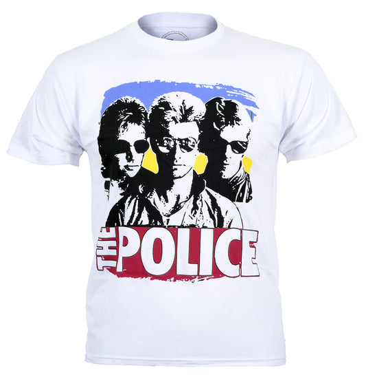 Official The Police White cotton t-shirt with band members wearing sunglasses graphic  and band logo 
