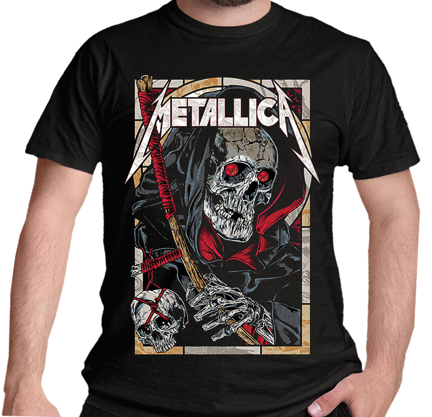 official Black Metallica t Shirt with the band logo and the death reaper graphic on the front