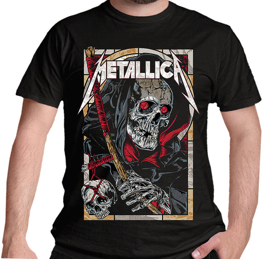 official Black Metallica t Shirt with the band logo and the death reaper graphic on the front