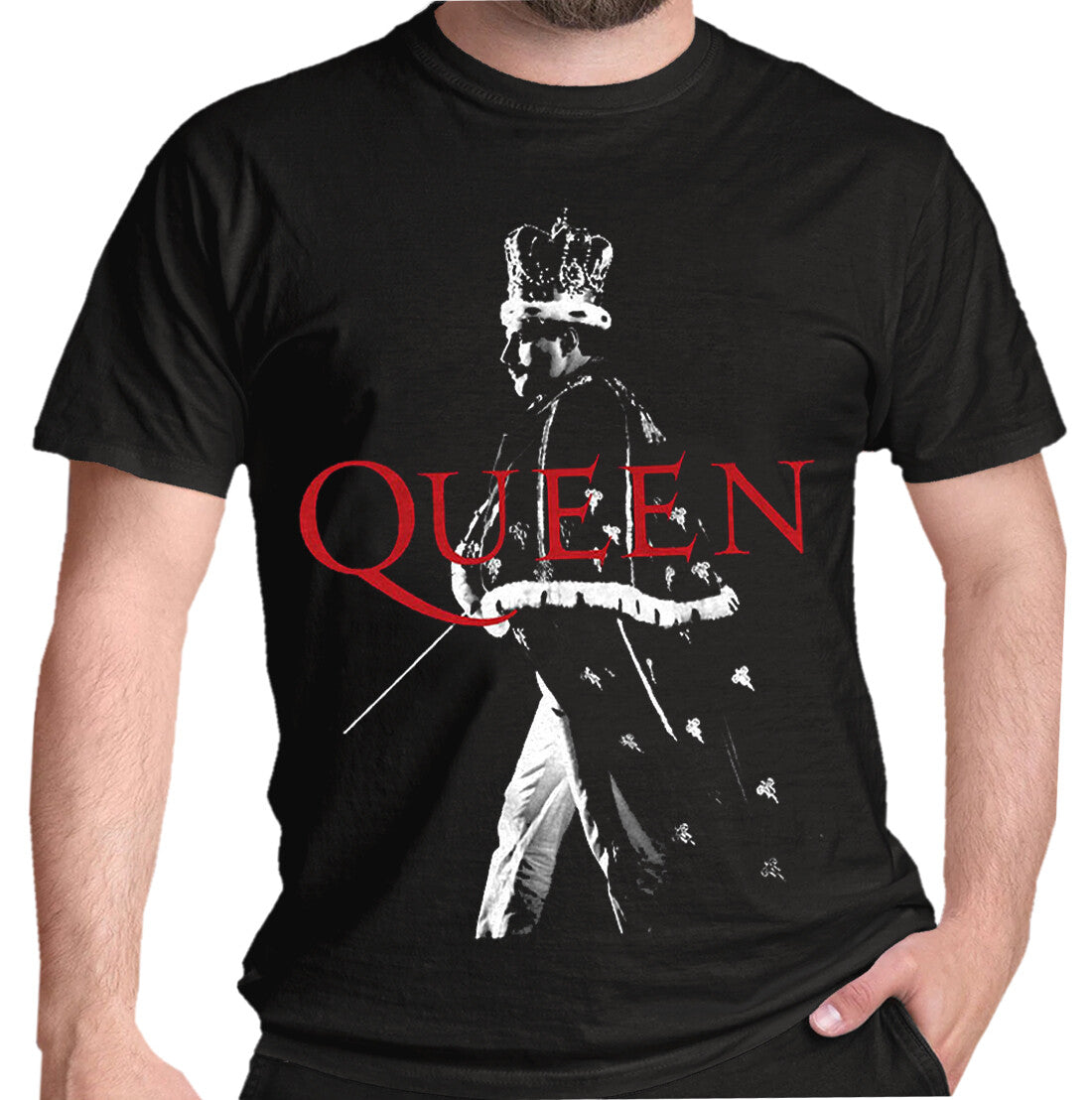 A black officially licensed Queen T Shirt with Freddie Mercury in full Royal regalia on the front