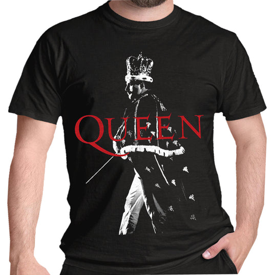 A black officially licensed Queen T Shirt with Freddie Mercury in full Royal regalia on the front