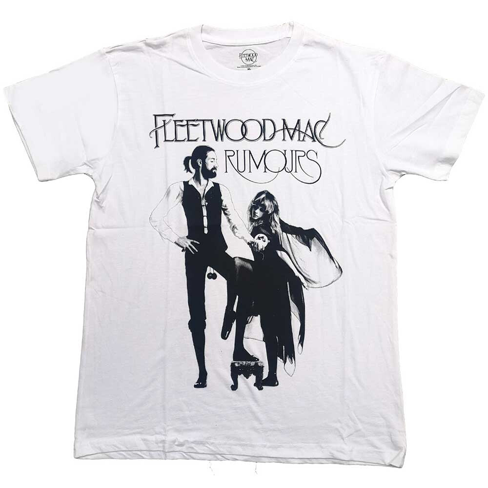 an officially licensed Fleetwood Mac white t shirt with the Fleetwood Mac Rumours album art graphic on the front
