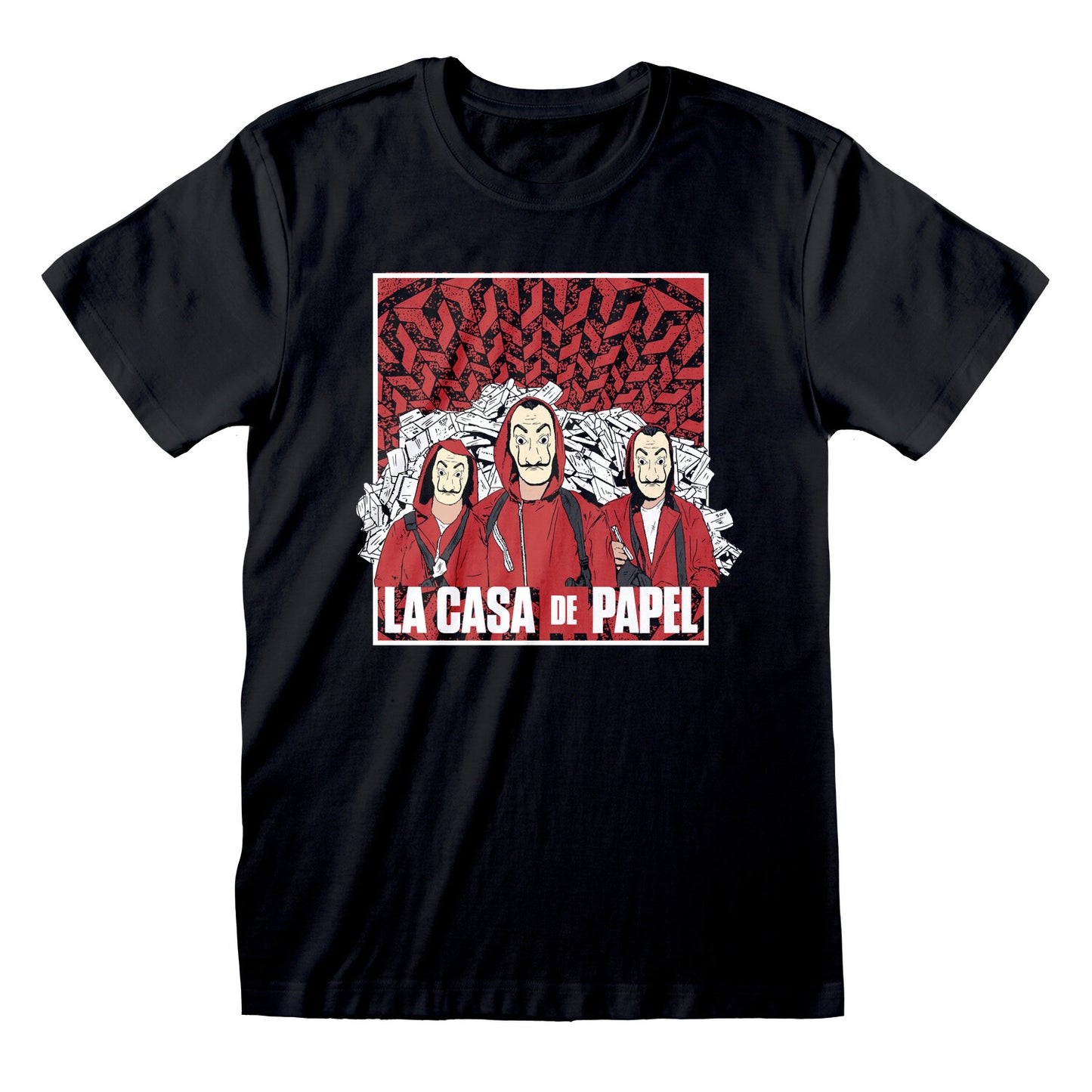 Official La Casa de Papel Money Heist Group Shot Black T-Shirt — The Professor Berlin Tokyo Nairobi Dalí Mask Red Jumpsuit Netflix Licensed