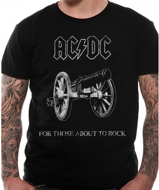 Black official ac/dc t-shirt with AC/DC logo and cannon graphic, and for those about to rock text on front