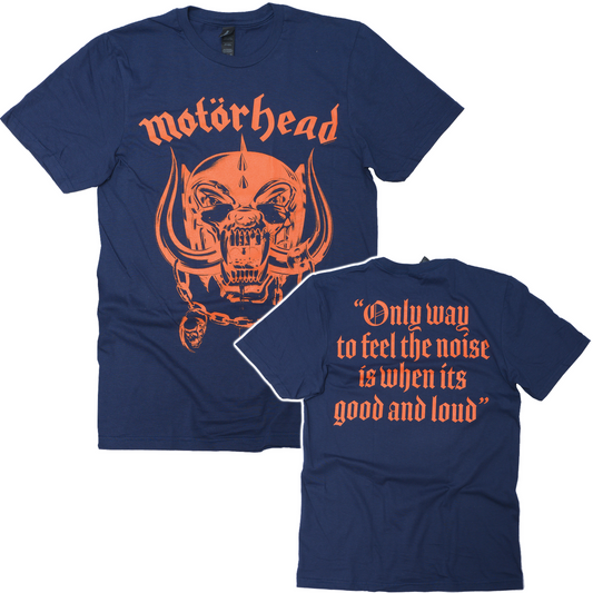 official blue motorhead good and loud cotton t shirt motorhead and warpig on front with only way to feel the noise is when its good and loud on the back
