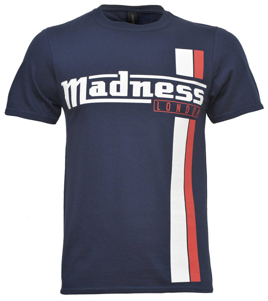 Navy blue official Madness t-shirt with 'Madness London' logo on the front on a white background
