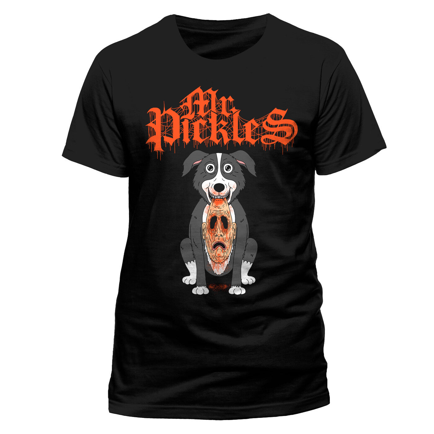 Official black Mr Pickles t-shirt with a graphic of a dog and 'My Pickles' text on a white background