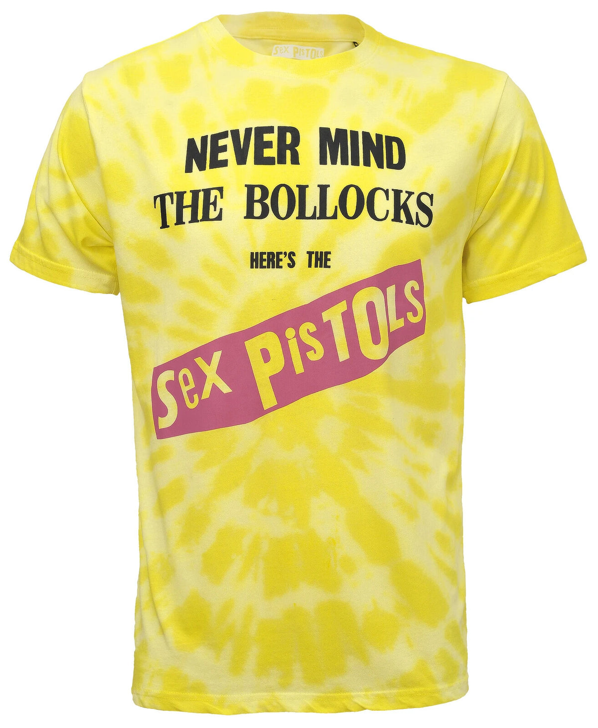 a yellow official tie dye sex pistols t shirt with sex pistols never mind the bollocks album artwork on the front