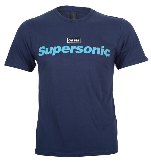 an official blue oasis t shirt with Supersonic and the oasis decca logo on the front 