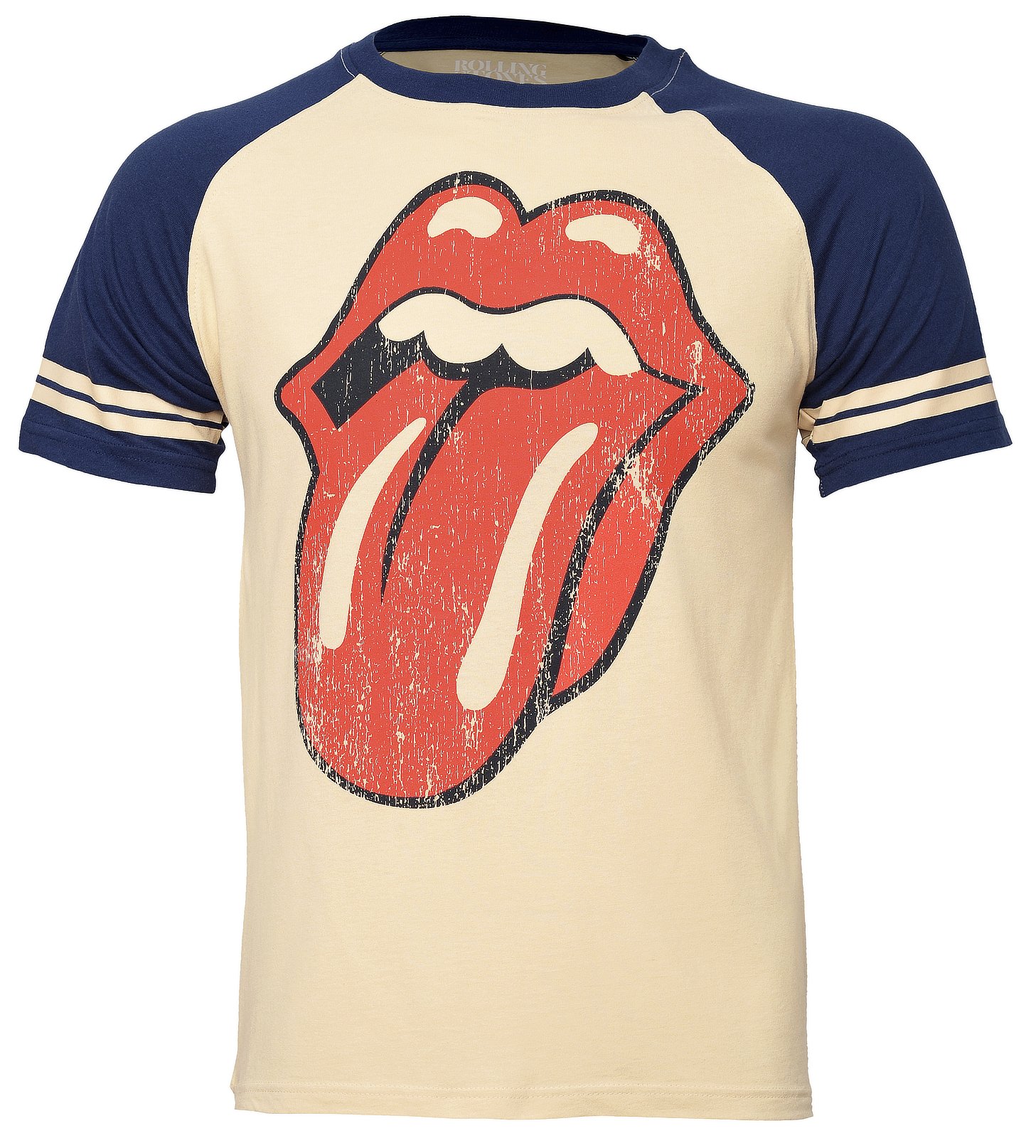 Official cream and blue raglan Rolling Stones T Shirt with classic Tongue Lick design with a vintage finish graphic.