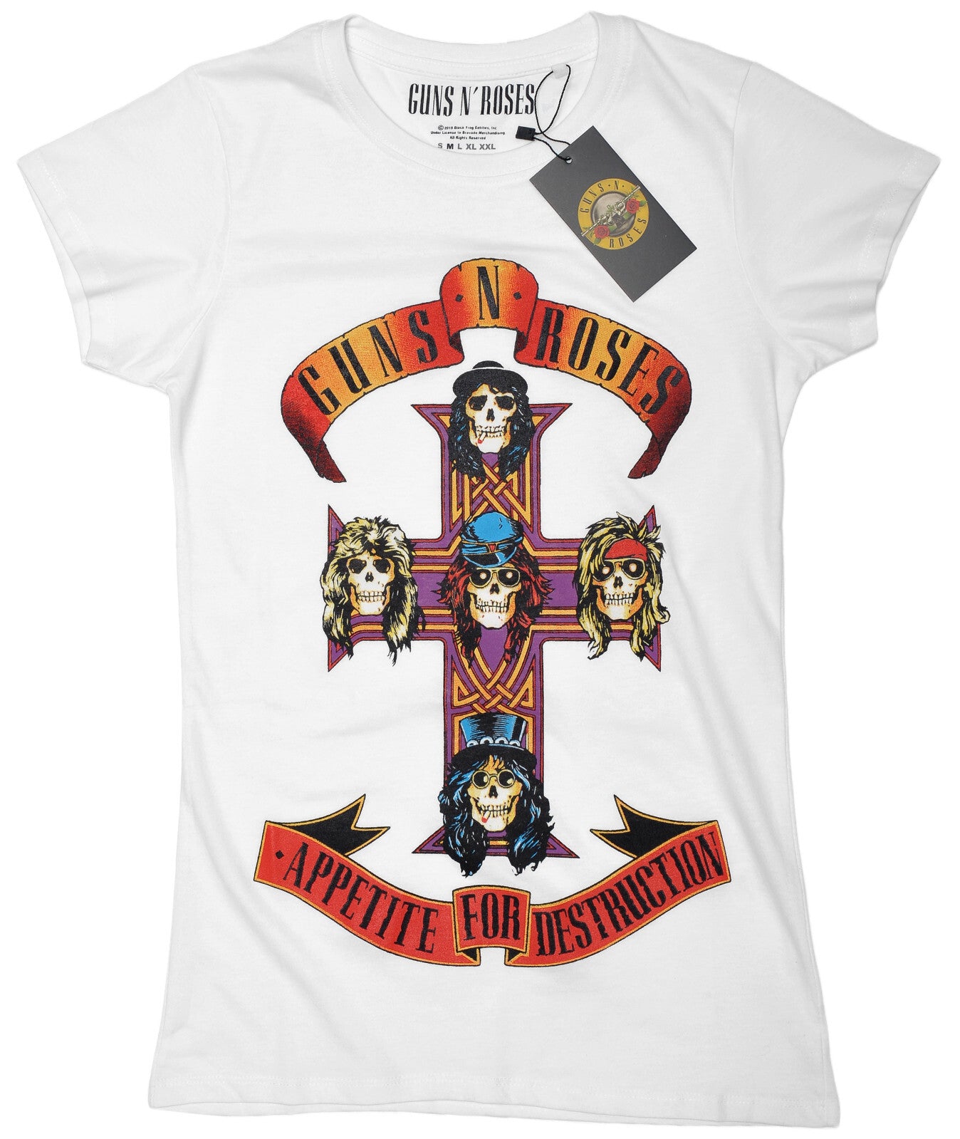 white Ladies Guns n Roses t Shirt with appetite for destruction graphic album cover art on the front