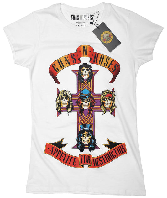 white Ladies Guns n Roses t Shirt with appetite for destruction graphic album cover art on the front
