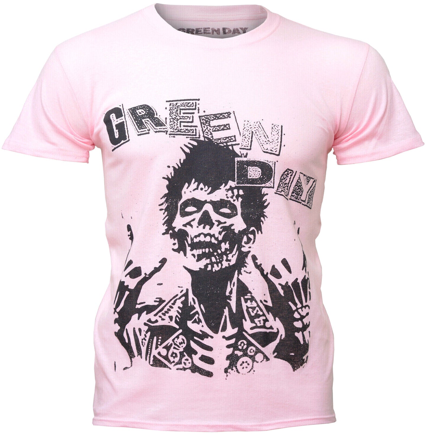 Officially licensed green day t shirt in pink featuring a graphic print  of the zombie  for the saviors album