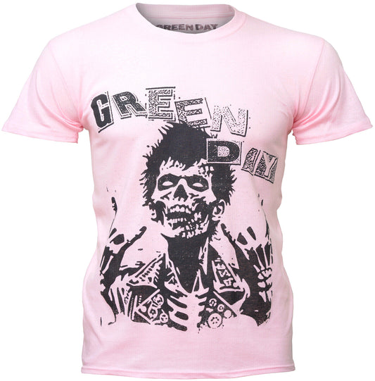 Officially licensed green day t shirt in pink featuring a graphic print  of the zombie  for the saviors album