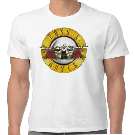 a white official guns n roses t shirt with the iconic classic guns n roses logo on the front