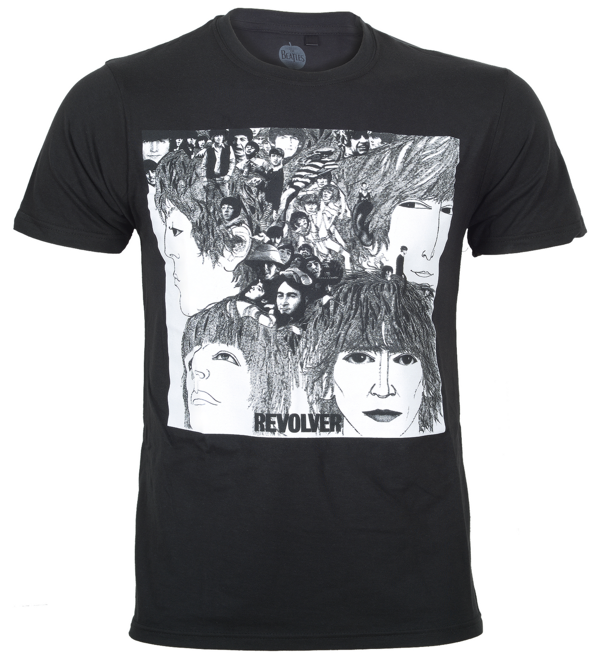official black beatles t shirt with a fornt graphic print of the revolver album artwork 