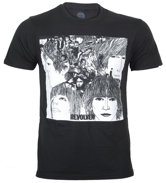 official black beatles t shirt with a fornt graphic print of the revolver album artwork 