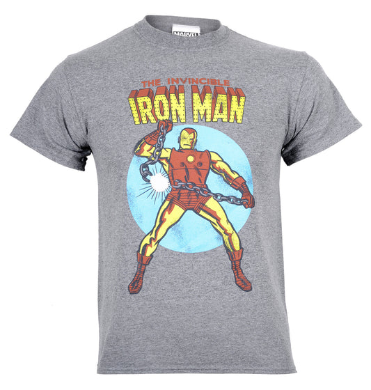 Gray Marvel t-shirt with Iron Man graphic and text on the front