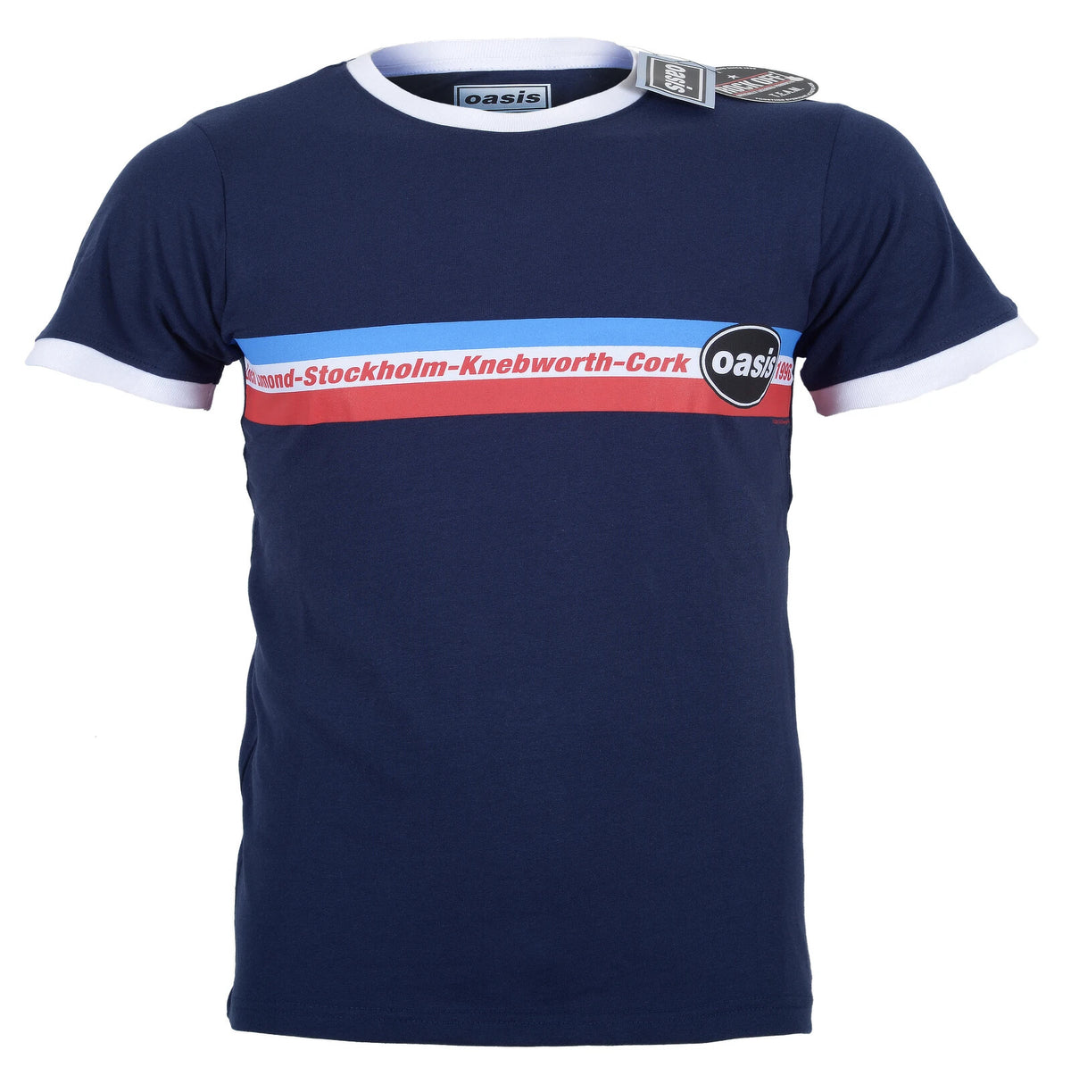 an official blue oasis t shirt iwth a red white and blue stripe graphic with tour locations and an oval oasis logo