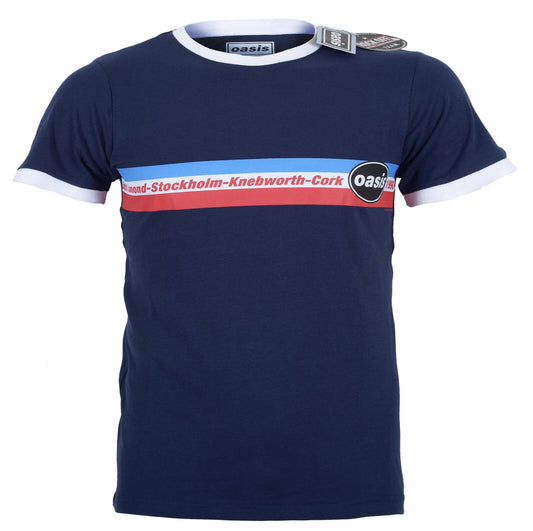 an official blue oasis t shirt iwth a red white and blue stripe graphic with tour locations and an oval oasis logo