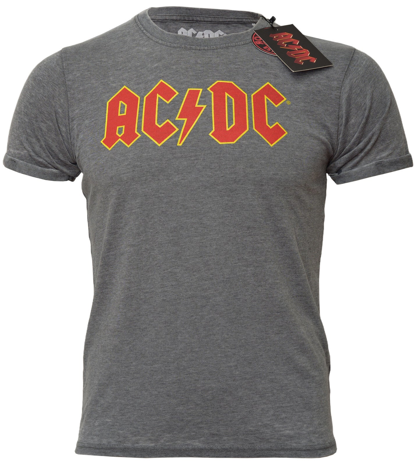 grey official licensed ac dc t shirt in a burnout style finish with the classic red ac dc logo on the front