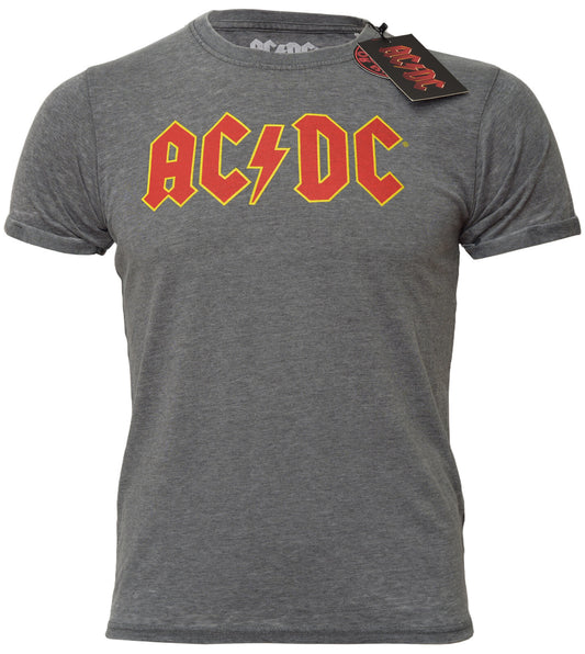 grey official licensed ac dc t shirt in a burnout style finish with the classic red ac dc logo on the front