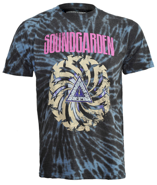 Officially licensed Tie-dye t-shirt with Soundgarden logo and Badmotorfinger album design on a white background