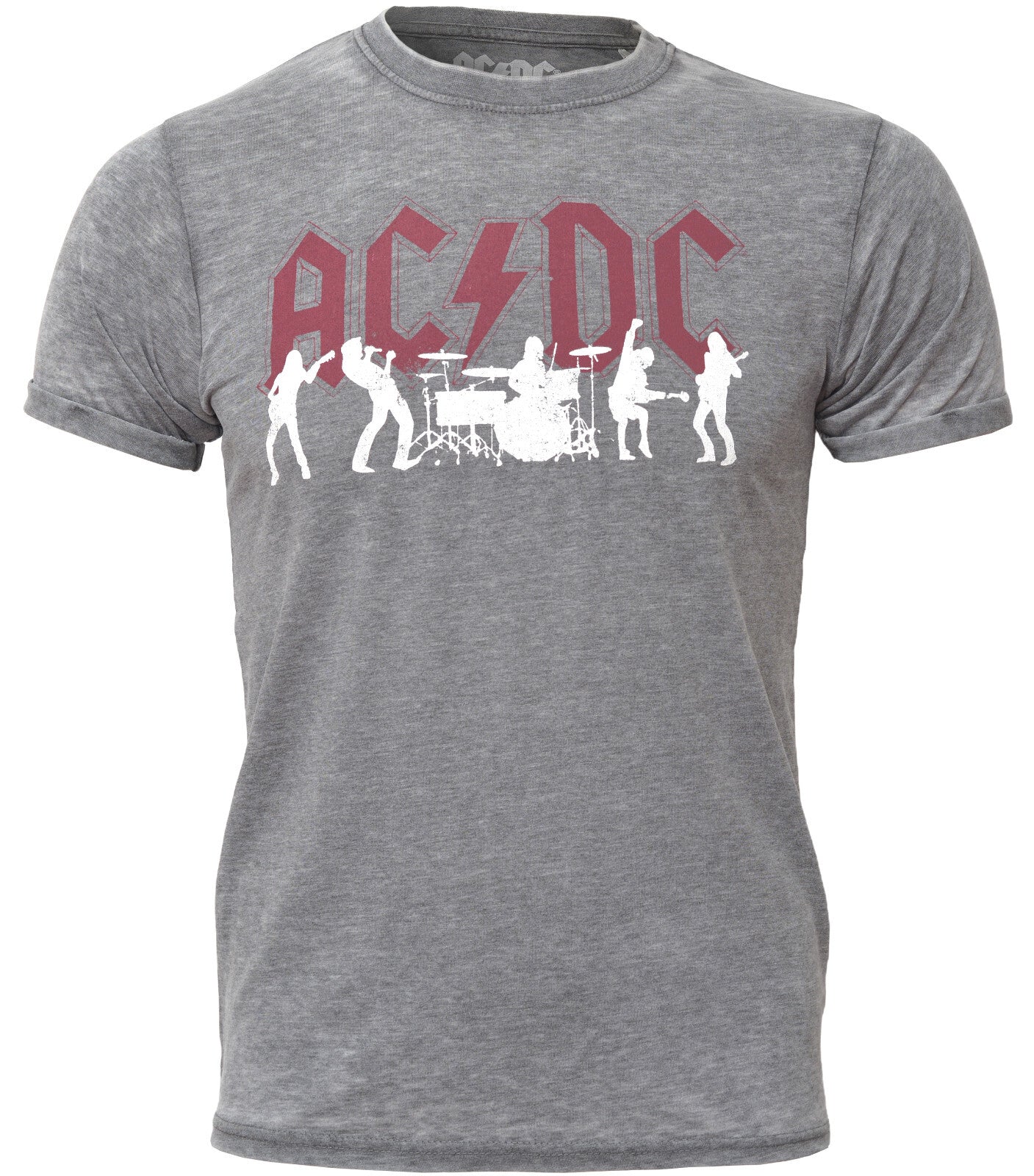 officially licensed AC/DC grey burnout t shirt with band logo and silhouettes graphic print on the front
