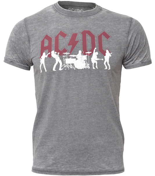 officially licensed AC/DC grey burnout t shirt with band logo and silhouettes graphic print on the front