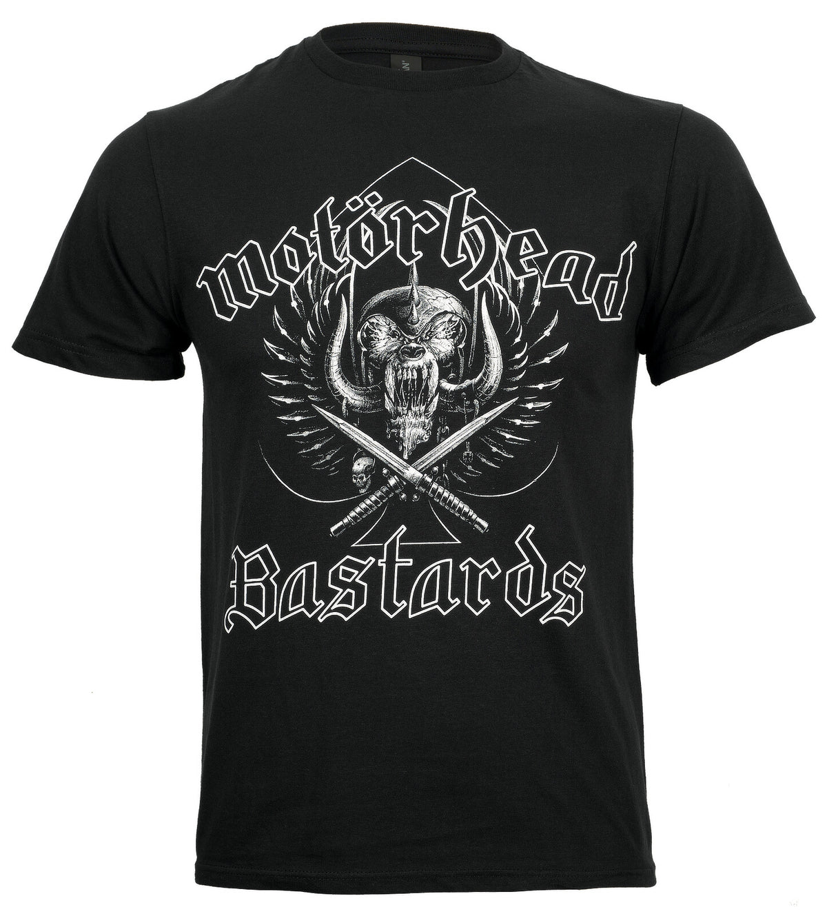 black motorhead official t shirt with bands mascot logo and the bastards on the front