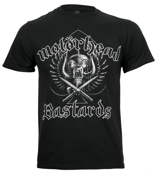 black motorhead official t shirt with bands mascot logo and the bastards on the front