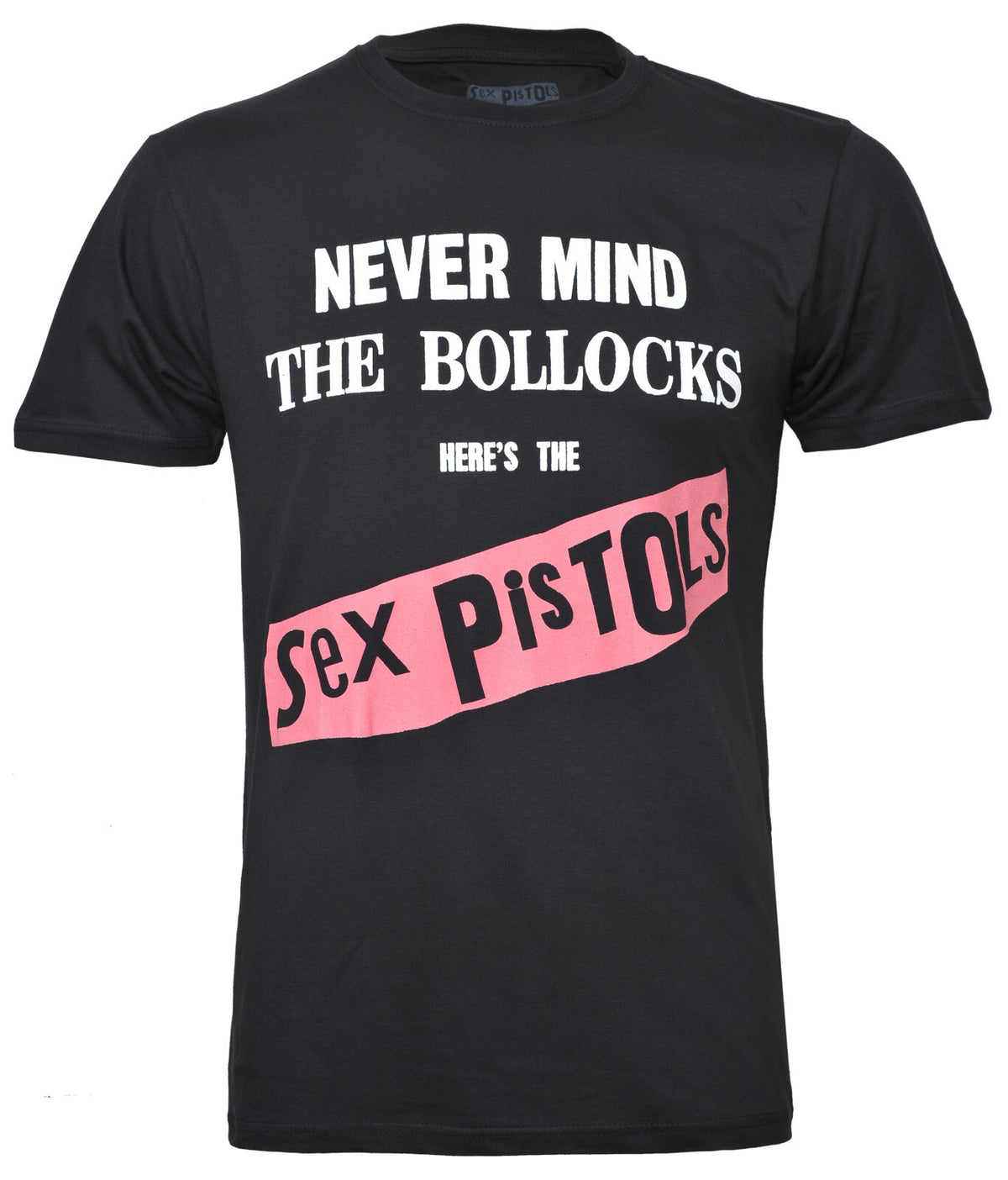 an officially licensed black sex pistols t shirt with never mind the bollocks album graphic on the front