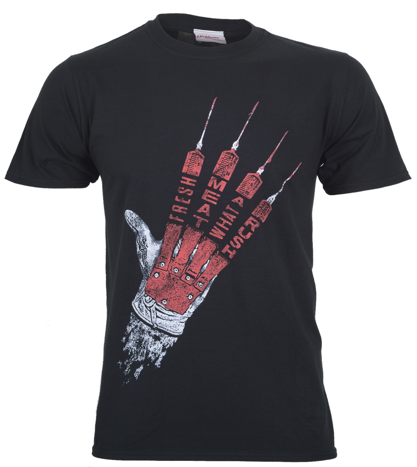 Nightmare on elm street black cotton t shirt with red and white Freddie syringe glove graphic. Fresh meat what a rush on fingers on the front