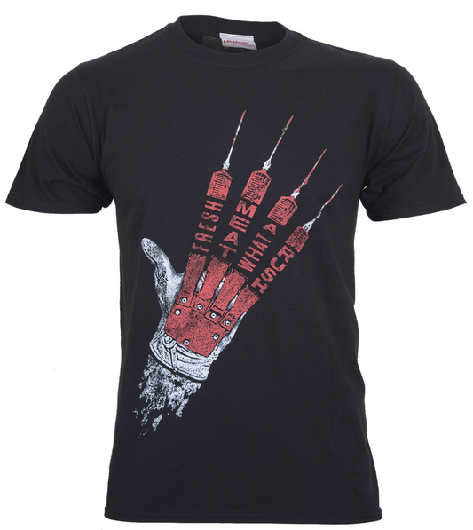 Nightmare on elm street black cotton t shirt with red and white Freddie syringe glove graphic. Fresh meat what a rush on fingers on the front