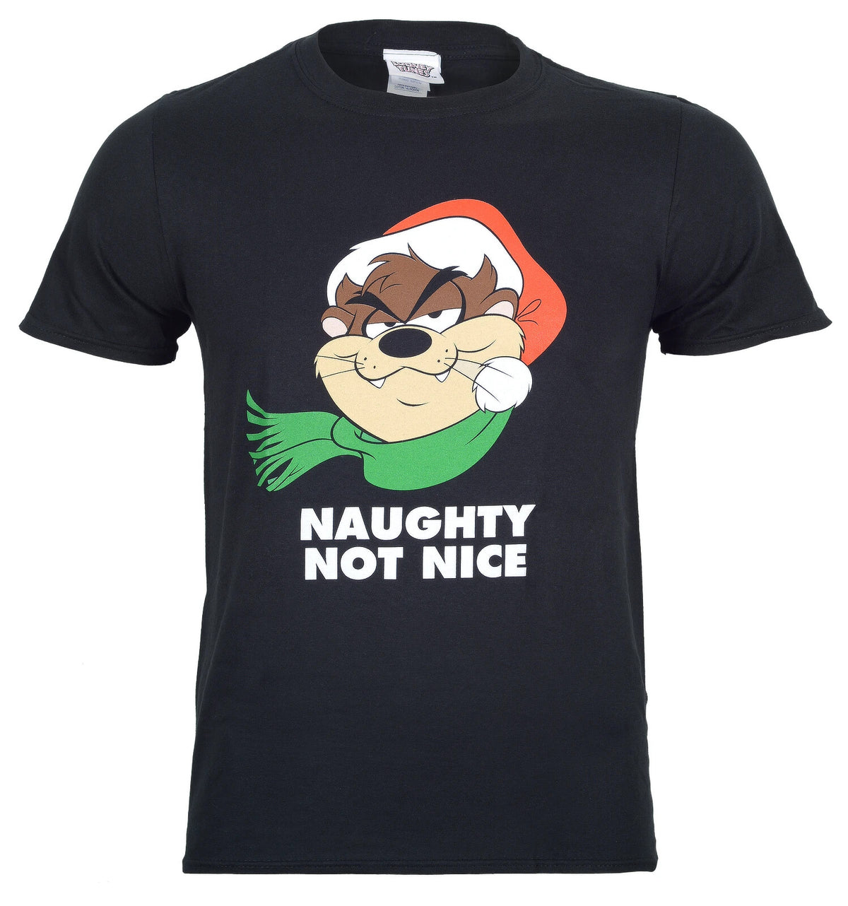 Official  Taz Warner Bros Cartoon Christmas Novelty black T shirt with face of Taz in santa hat and scarf and naughty not nice text on front
