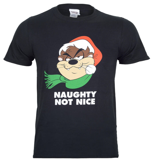 Official  Taz Warner Bros Cartoon Christmas Novelty black T shirt with face of Taz in santa hat and scarf and naughty not nice text on front