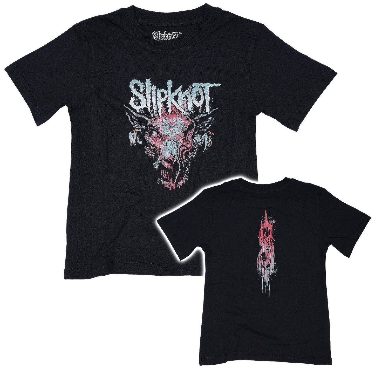 a black official Slipknot childrens t shirt with a graphic design of a Goat and the Slipknot band logo on the front and an S on the back