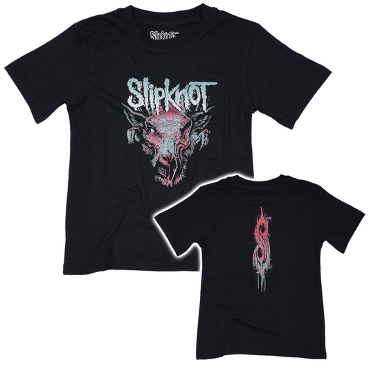 a black official Slipknot childrens t shirt with a graphic design of a Goat and the Slipknot band logo on the front and an S on the back