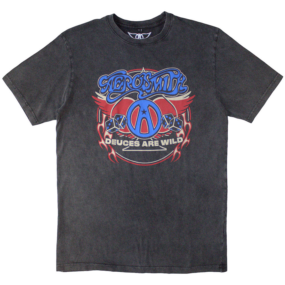 Official black washed out aerosmith t shirt with band logo and deuces are wild text on the front