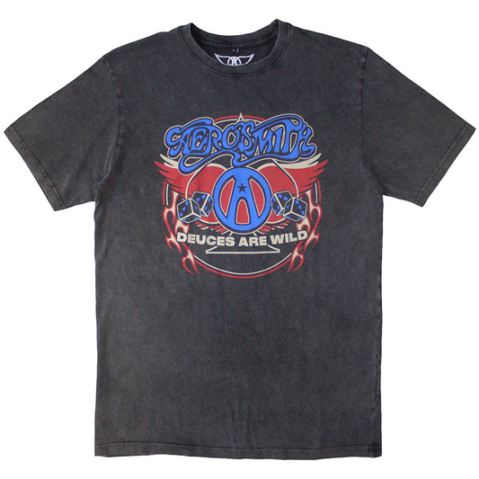 Official black washed out aerosmith t shirt with band logo and deuces are wild text on the front