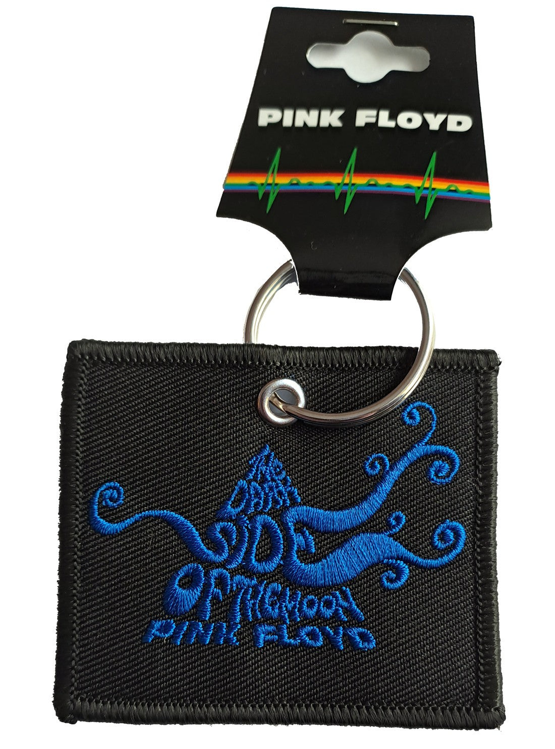 black woven patch pink floyd keyring with embroidered logo on front