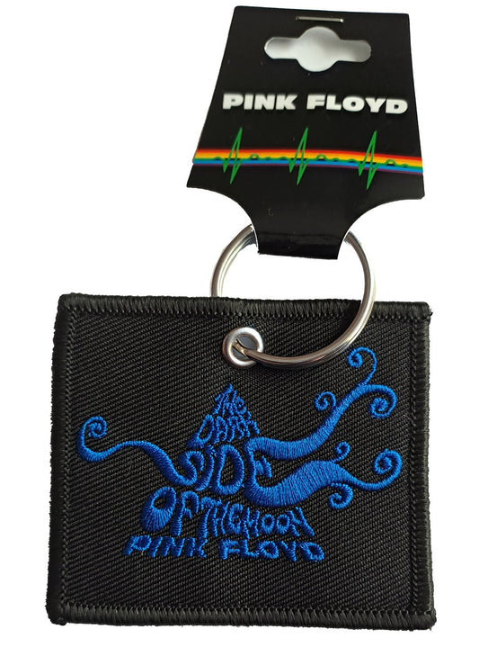 black woven patch pink floyd keyring with embroidered logo on front