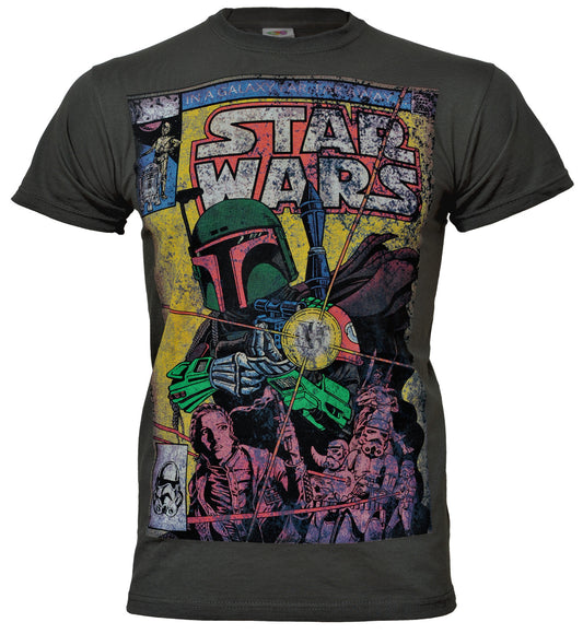 official grey star wars t shirt with a comic cover art of boba fett on the front