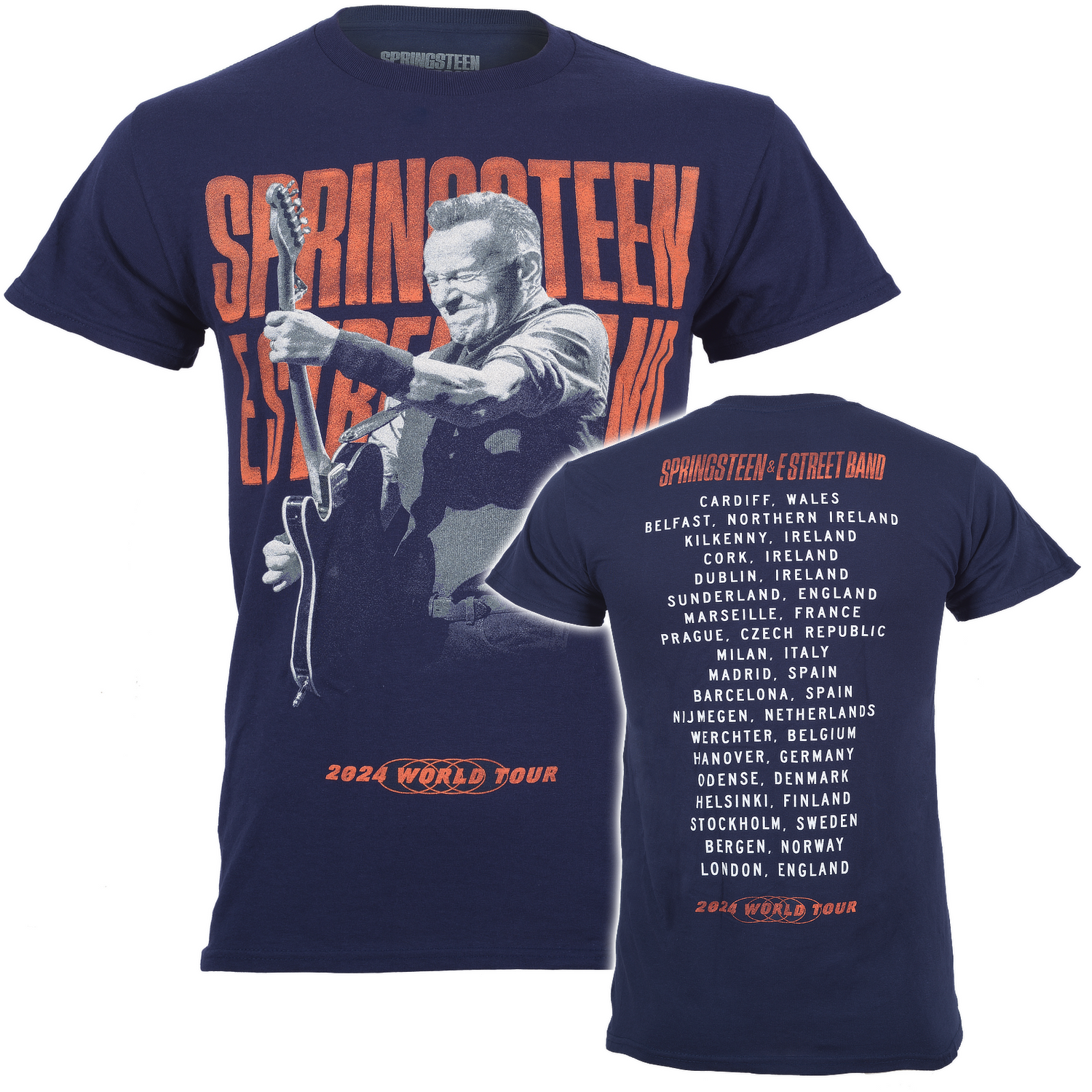 Navy blue Official Bruce Springsteen t-shirt with a graphic of a Bruce Springtseen playing guitar and 2024 tour locations on the back
