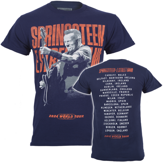Navy blue Official Bruce Springsteen t-shirt with a graphic of a Bruce Springtseen playing guitar and 2024 tour locations on the back